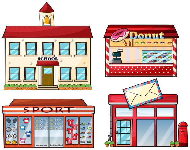 Een school, een donutwinkel, een sportwinkel en een postkantoor vector