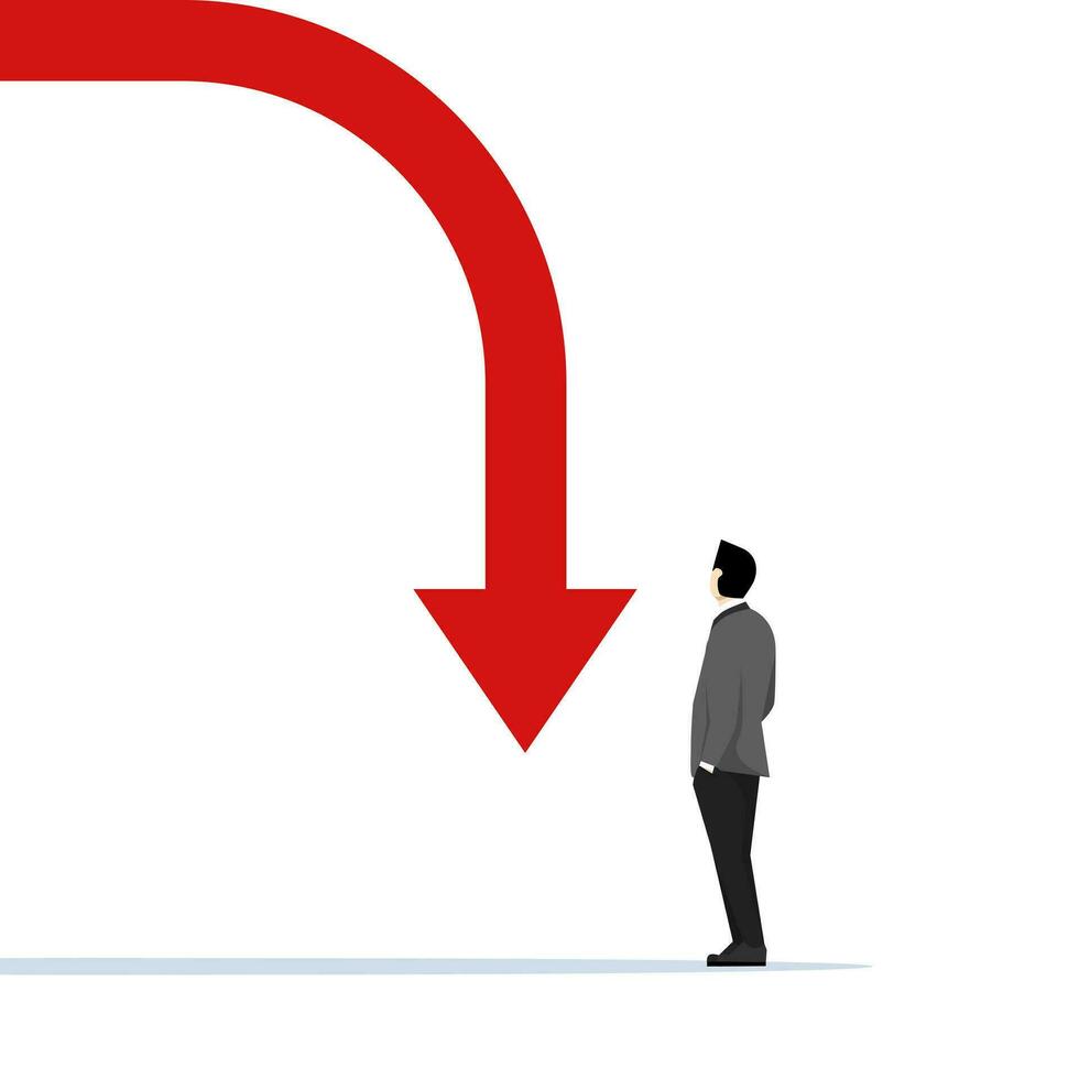 faillissement en crisis concept. een zakenman ziet een afwijzen in een bedrijf diagram diagram. economisch neergang, inflatie, recessie, mislukking, financieel crisis minimaal grafisch stijl. vector