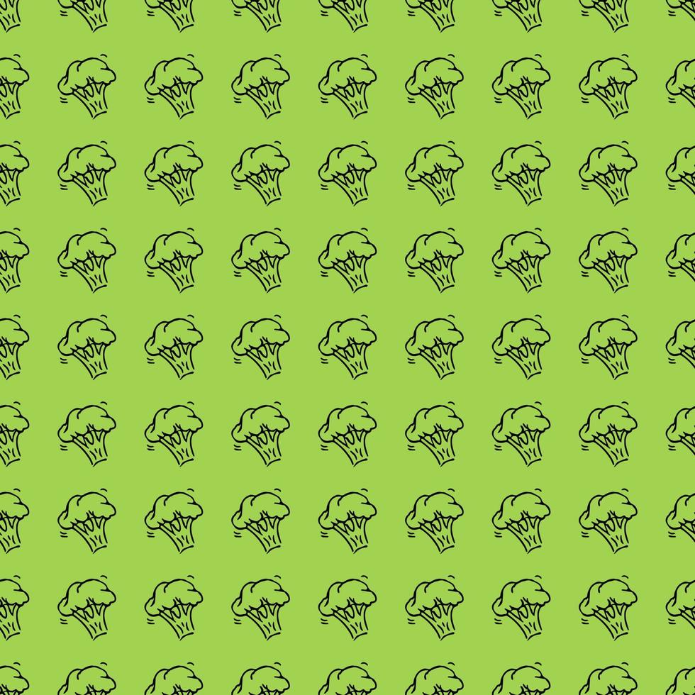 naadloze broccoli vector patroon. doodle vector broccoli pictogrammen op groene achtergrond. vintage broccolipatroon, zoete elementenachtergrond voor uw project, menu, caféwinkel.