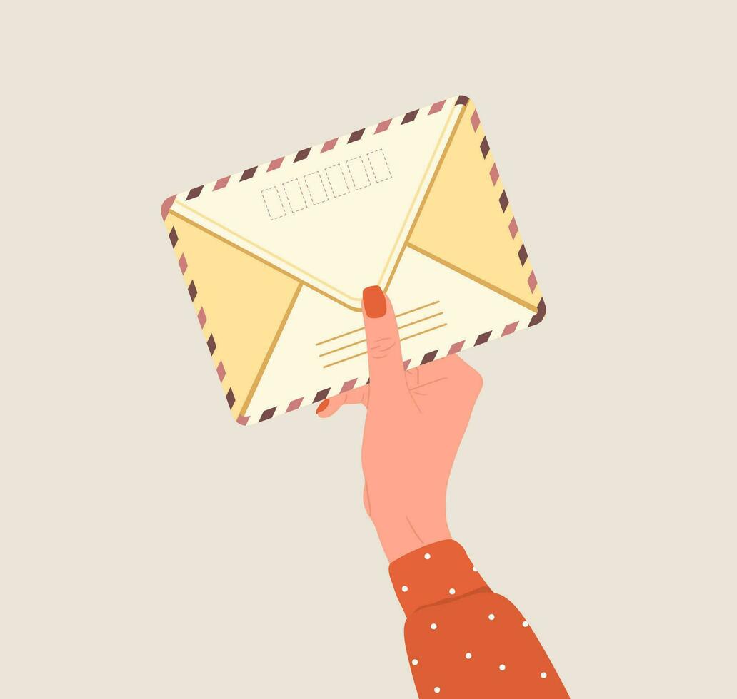 vrouw hand- Holding een envelop. correspondentie en mail levering concept. top visie. post postzegels en ansichtkaarten. vector illustratie in vlak tekenfilm stijl. ontvangen bericht, kennisgeving, uitnodiging