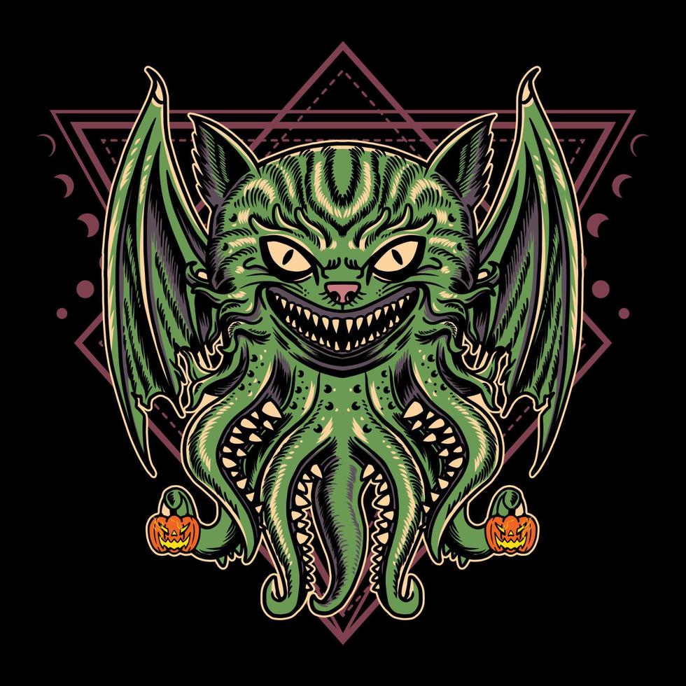 illustratie ontwerp halloween kat monster met vintage retro cartoon stijl op zwarte achtergrond. goed voor logo, achtergrond, t-shirt, banner vector