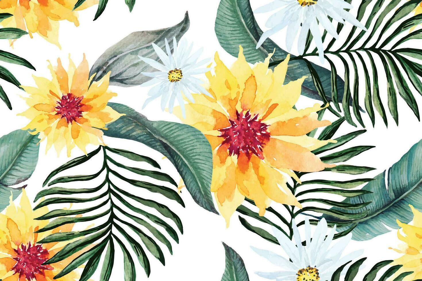 naadloos patroon van zonnebloem en botanisch tropisch planten met aquarellen voor kleding stof luxueus en behang, wijnoogst stijl.bloemen background.blooming bloem voor zomer.abstract natuur achtergrond. vector