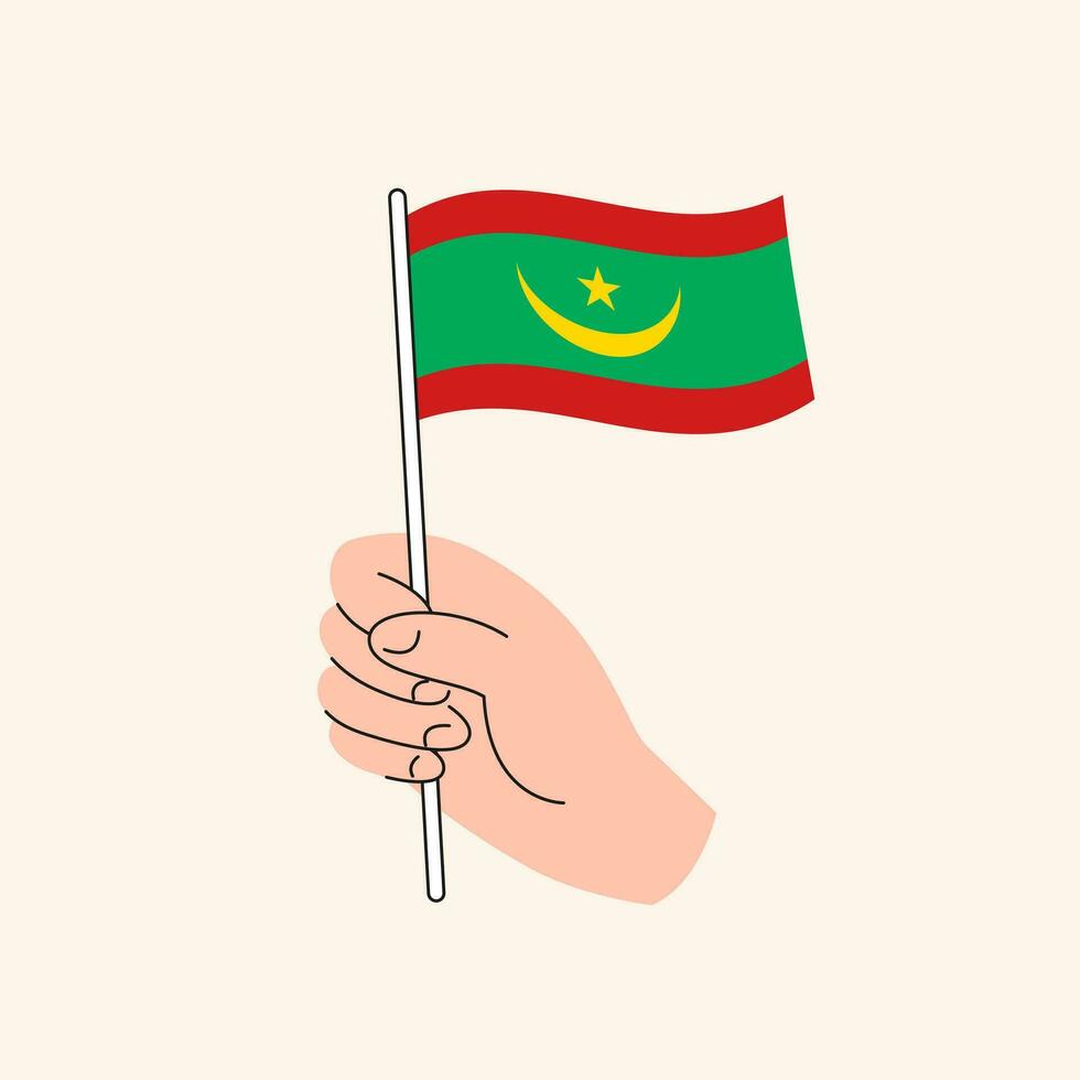 tekenfilm hand- Holding mauritaans vlag, geïsoleerd vector ontwerp.