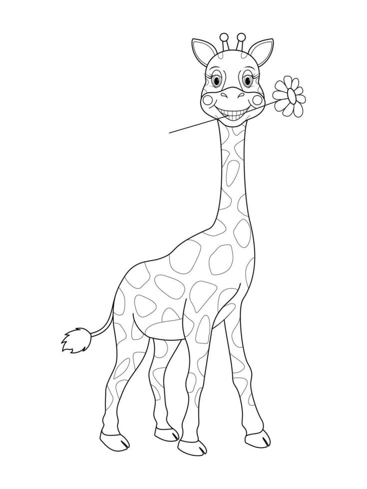 giraffe voor kleuren. lineair ontwerp voor kinderen kleur boek. kleur schets van een tekenfilm giraffe met een bloem in haar tanden. vector