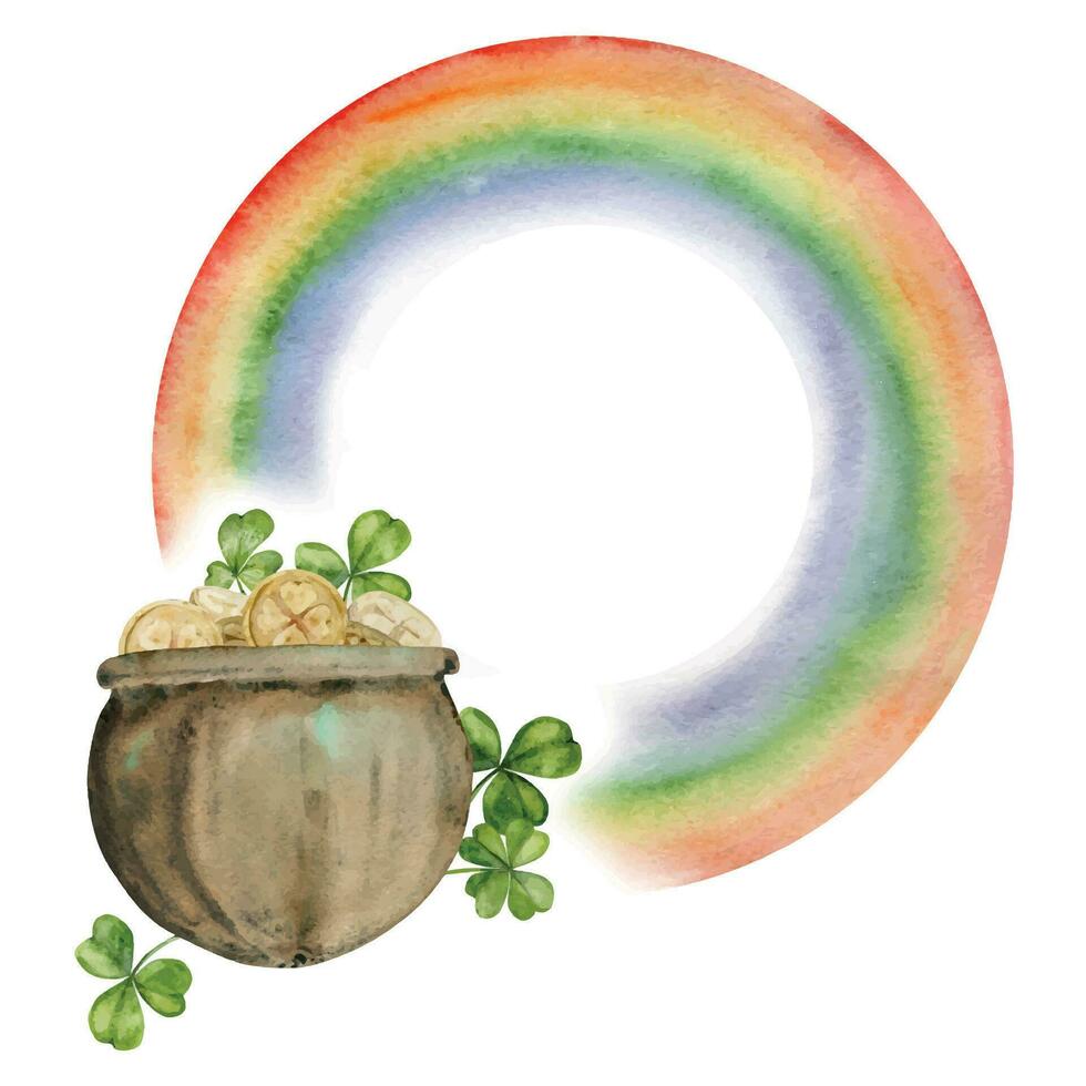 waterverf hand- getrokken illustratie, heilige Patrick vakantie. elf van Ierse folklore pot, goud munten, regenboog, Lucky Klaver. Ierland traditie. geïsoleerd Aan wit achtergrond. voor uitnodigingen, afdrukken, website, kaarten. vector