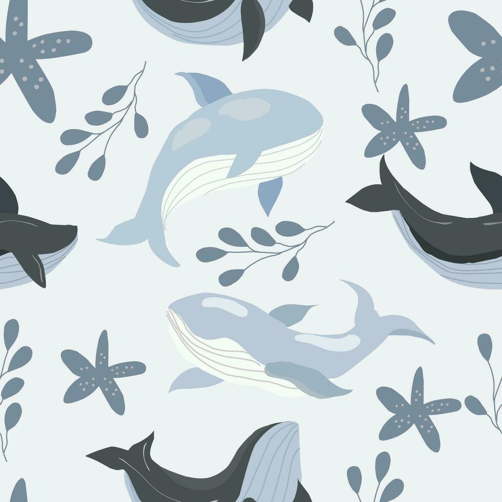 schattig pastel walvis tekenfilm naadloos patroon vector