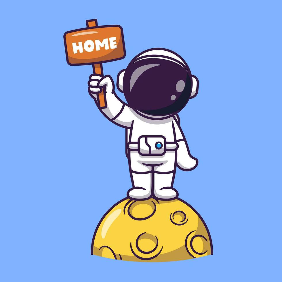 schattig astronaut staand Aan maan Holding huis bord tekenfilm vector icoon illustratie. wetenschap technologie icoon concept geïsoleerd premie vector. vlak tekenfilm stijl