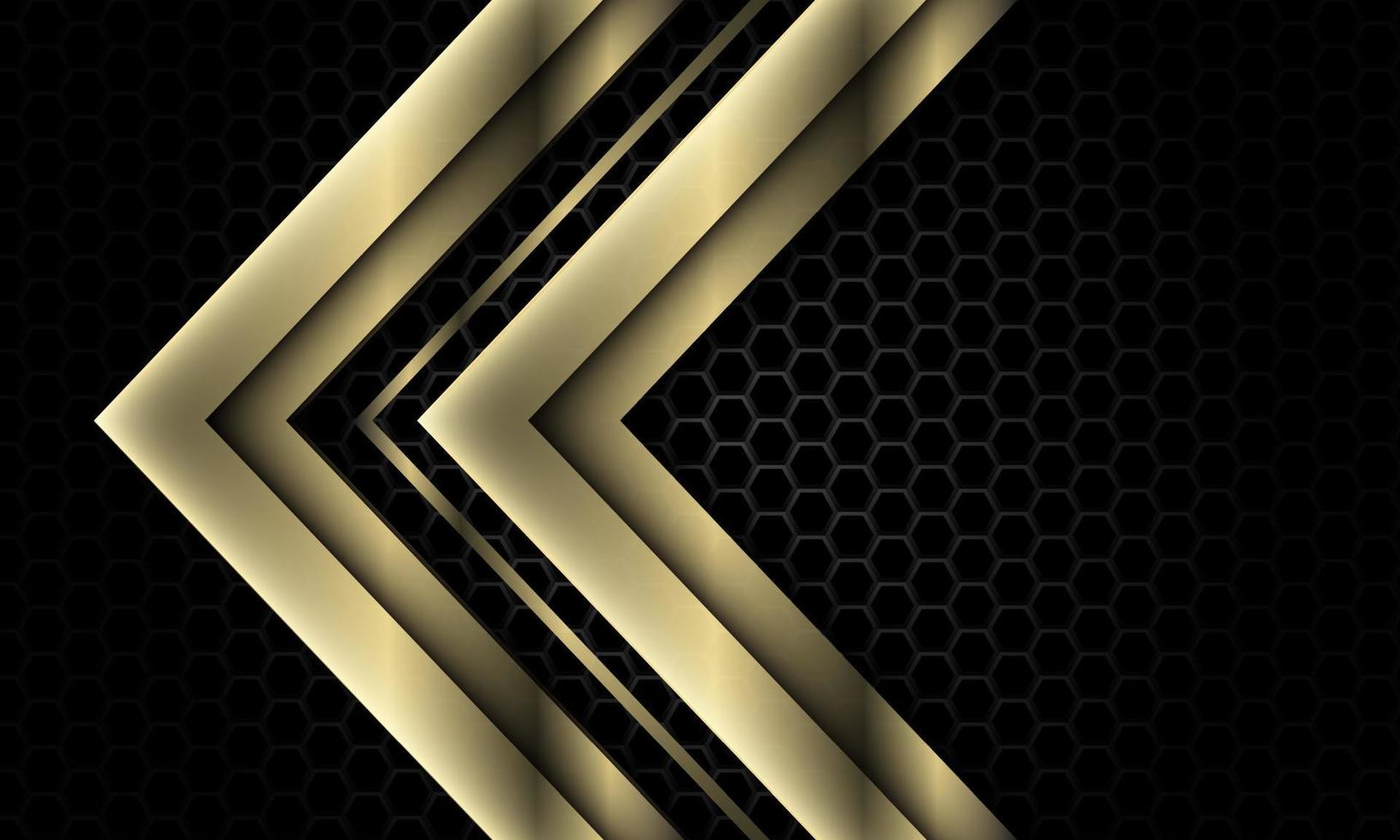 abstract goud grijs pijl richting geometrische overlap op donkere metalen zeshoek mesh patroon ontwerp moderne luxe futuristische achtergrond vector