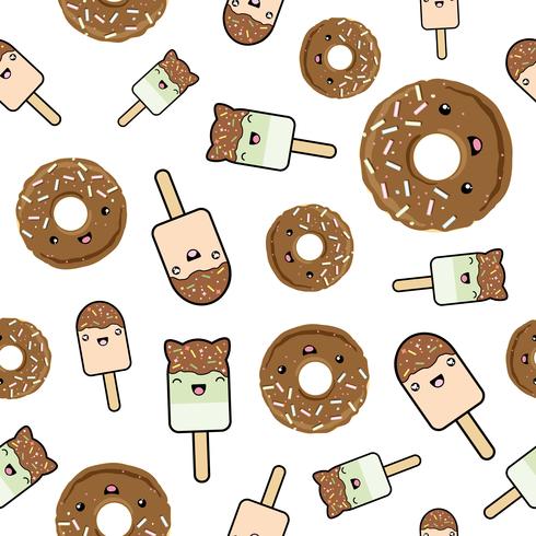 Naadloos patroon. schattige kawaii stijl ijs en chocolade geglazuurde donuts. vector