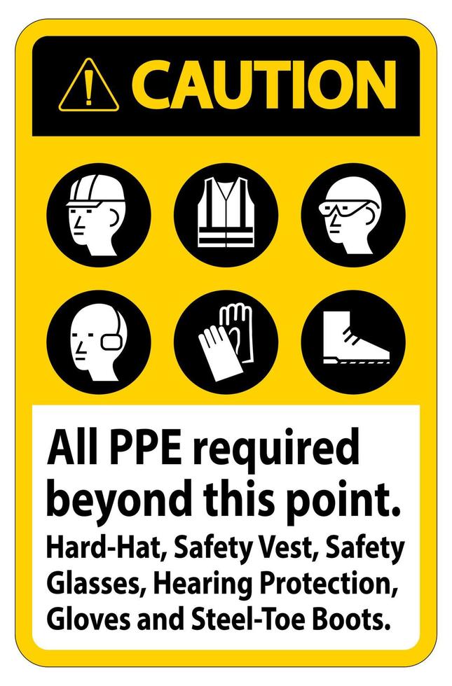 voorzichtigheid pbm vereist na dit punt. helm, veiligheidsvest, veiligheidsbril, gehoorbescherming vector