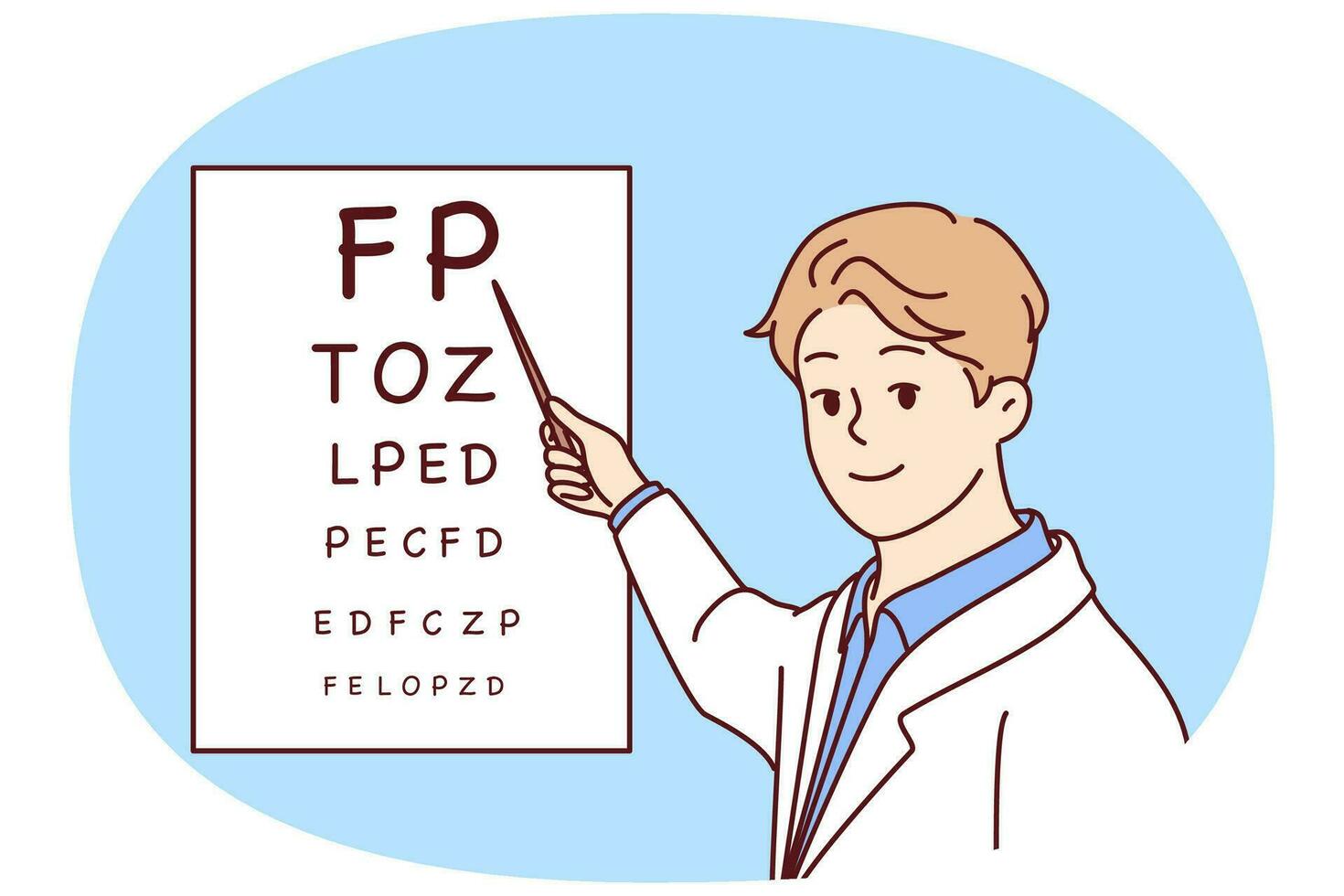 Mens dokter houdt uit wijzer naar poster met brieven voor controle gezichtsvermogen van patiënten. vector beeld