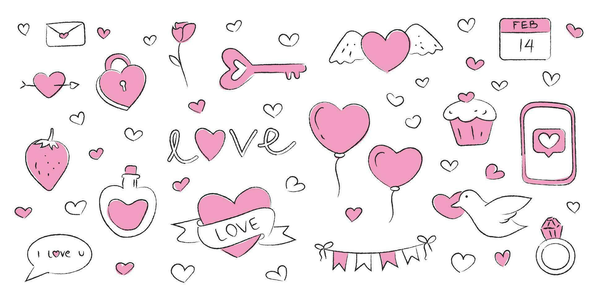 Valentijnsdag dag hand getekend tekening elementen, hand getekend Valentijnsdag dag tekening pictogrammen, Valentijnsdag dag tekening elementen pak vector