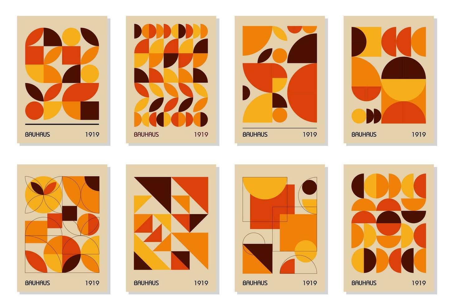 reeks van 8 minimaal herfst oranje kleuren wijnoogst Jaren 20 meetkundig ontwerp affiches, muur kunst, sjabloon, lay-out met primitief vormen elementen. bauhaus patroon achtergrond, cirkel, driehoek en plein lijn kunst vector