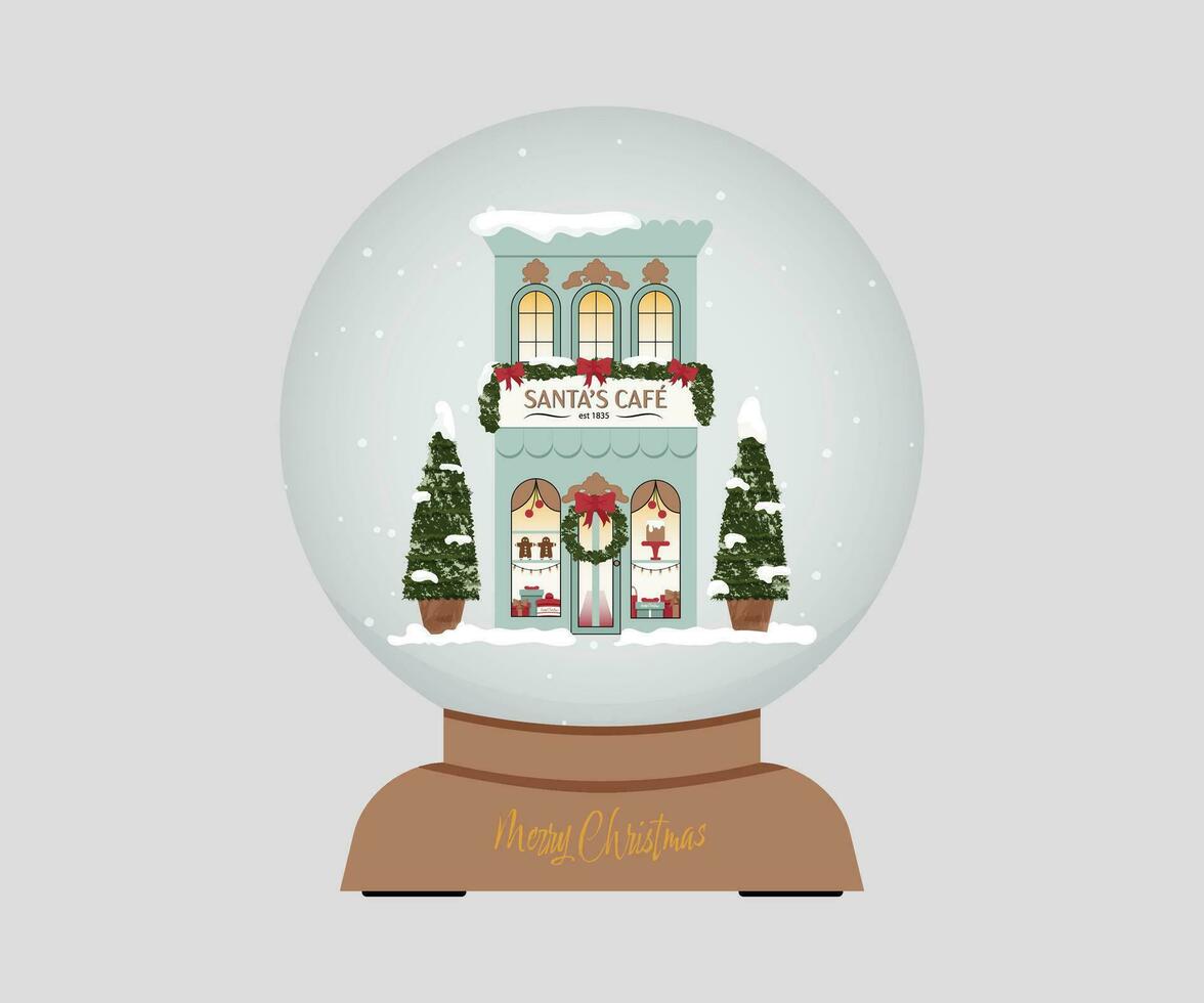 Kerstmis sneeuw wereldbol met santa's cafe, sneeuw wereldbol met landschap, premie vector