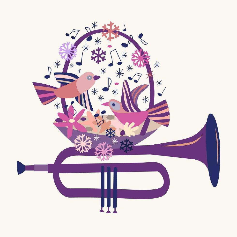 winter illustratie met musical instrument trompet een met een mand, vogels, sneeuwvlokken, notities. paars, roze kleuren. voor ansichtkaarten, concert uitnodigingen, spandoeken, posters vector