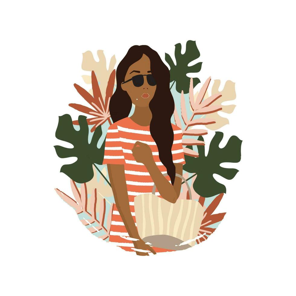 hand- tekening tropisch palm bladeren met tekenfilm Dames vector illustratie geïsoleerd Aan wit achtergrond