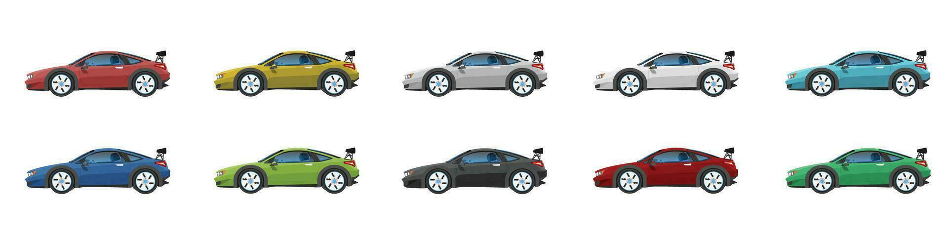 vector of illustrator van tekenfilm ontwerp van auto autosport. reeks kleurrijk van auto motor sport met het rijden Mens tien auto. Aan geïsoleerd wit achtergrond.