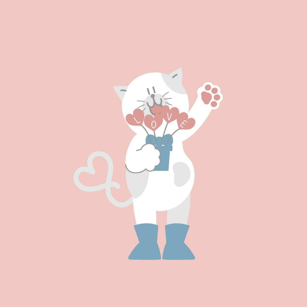 schattig en lief kat Holding hart vorm plant, gelukkig valentijnsdag dag, verjaardag, liefde concept, vlak vector illustratie tekenfilm karakter kostuum ontwerp