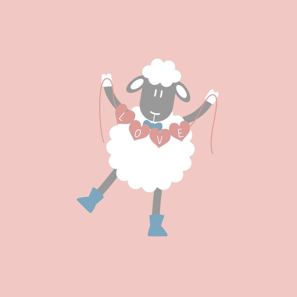 schattig en lief schapen Holding harten, gelukkig Valentijnsdag dag, verjaardag, liefde concept, vlak vector illustratie tekenfilm karakter ontwerp geïsoleerd