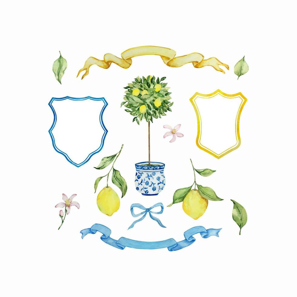 waterverf middellandse Zee set, sappig citroenen, bladeren, bloemen, Italiaans tegels vector