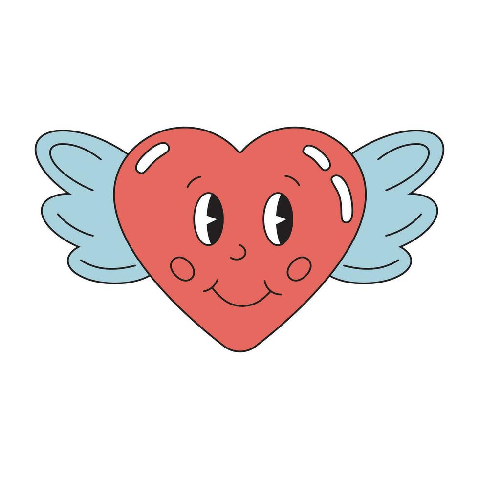 glimlachen liefde hart met Vleugels in groovy stijl, retro. symbool voor Valentijnsdag dag in de stijl van de jaren 80, jaren 90, wijnoogst stijl. vector