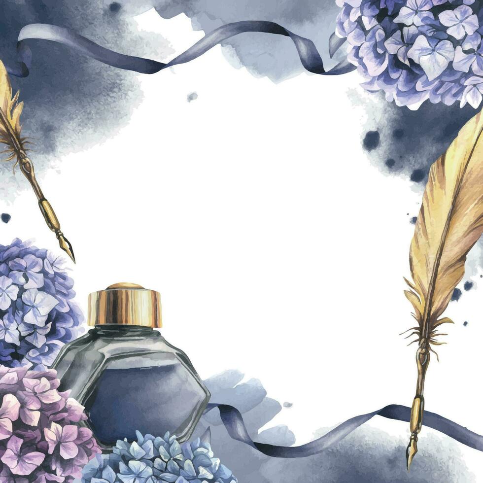 inktpot met blauw inkt, goud pen, hortensia bloemen, linten, vlekken en spatten. hand- getrokken waterverf illustratie. kader, plein sjabloon voor tekst Aan een wit achtergrond vector