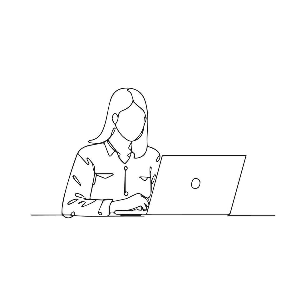 vector vrouw richten Bij laptop en bespreken iets single lijn kunst stijl
