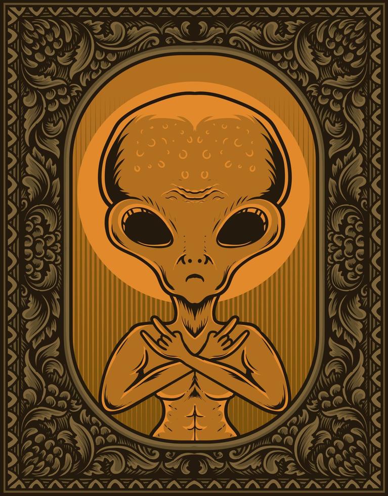 illustratie alien op vintage gravure ornament frame vector