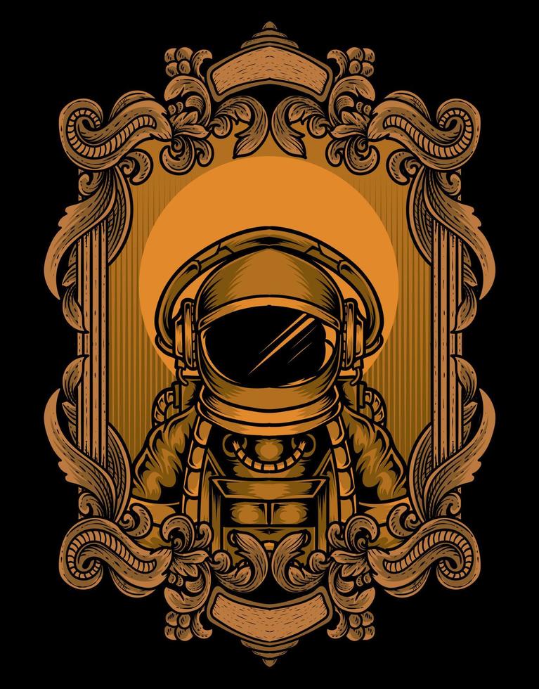 illustratie astronaut op vintage gravure ornament frame vector