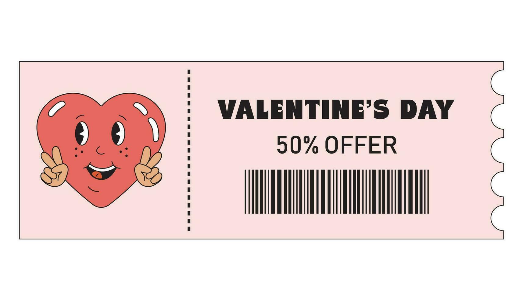 valentijnsdag dag coupon. Valentijn uitverkoop, speciaal aanbiedingen, kortingen kortingsbonnen voor winkelen, geschenken, restaurants, bioscopen, cafés. liefde ticket, korting in groovy retro stijl. vector