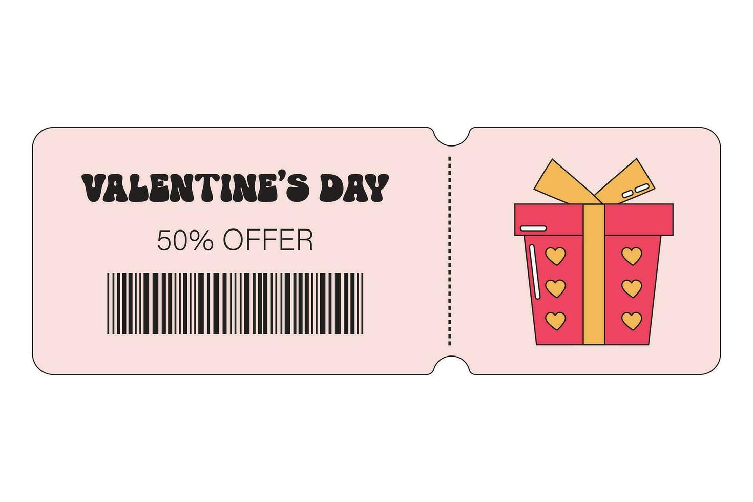 Valentijn uitverkoop, speciaal aanbiedingen, kortingen coupon voor winkelen, geschenken, restaurants, bioscopen, cafés. tegoedbon reeks met liefde, schattig elementen in groovy retro stijl. vector