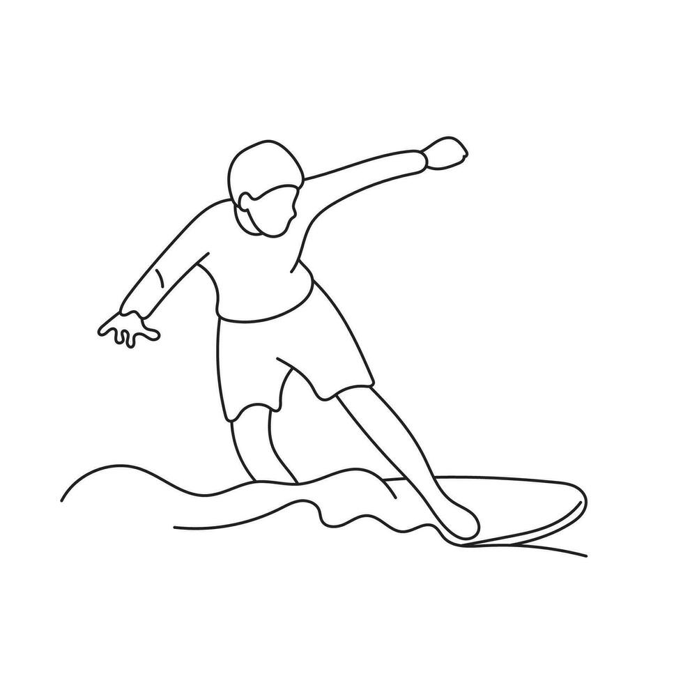 Mens staand Aan bord vangen Golf rijden snelheid in zee water illustratie vector hand- getrokken geïsoleerd Aan wit achtergrond