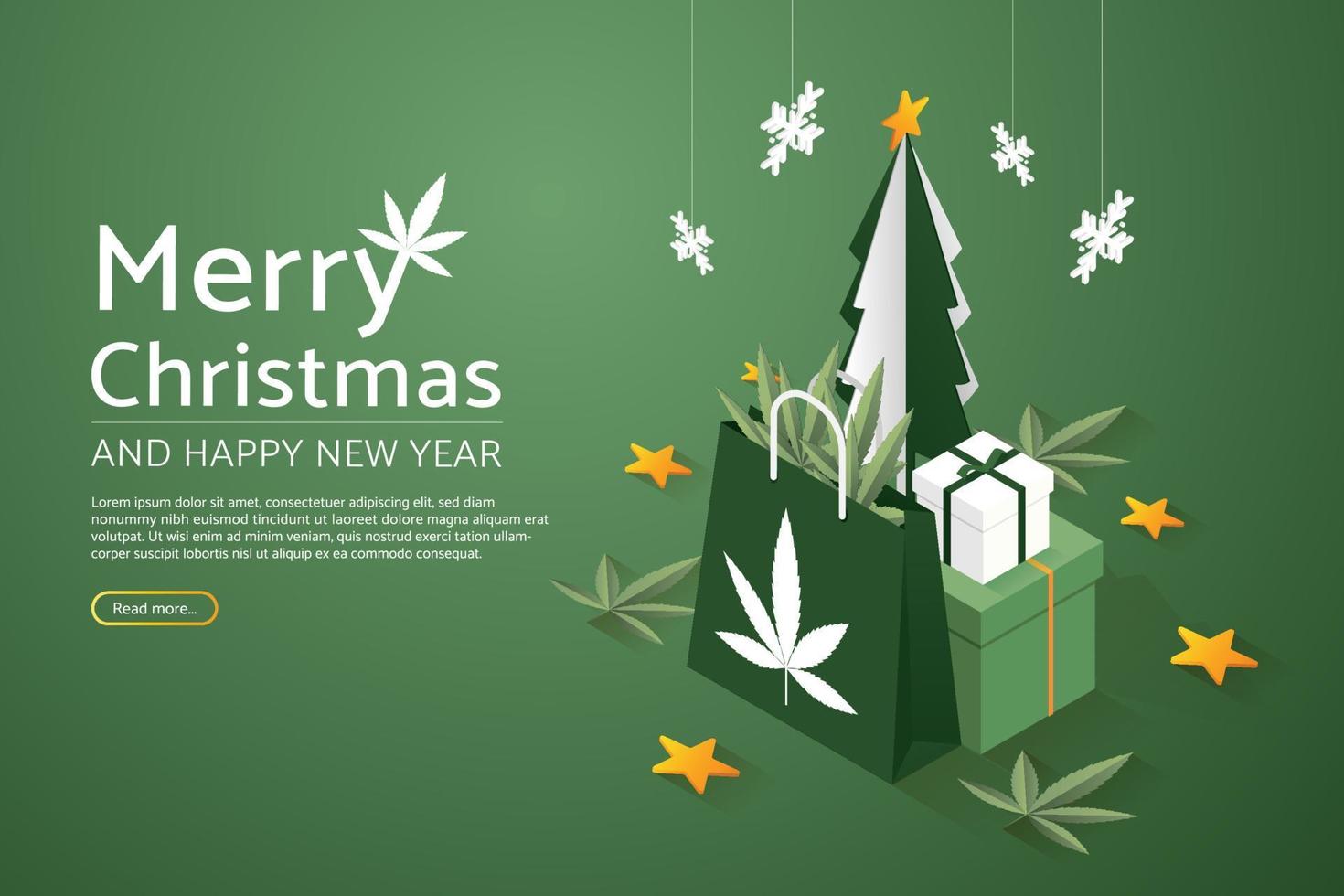 kerstboom set geschenkdozen groot en papieren zak marihuana. vector