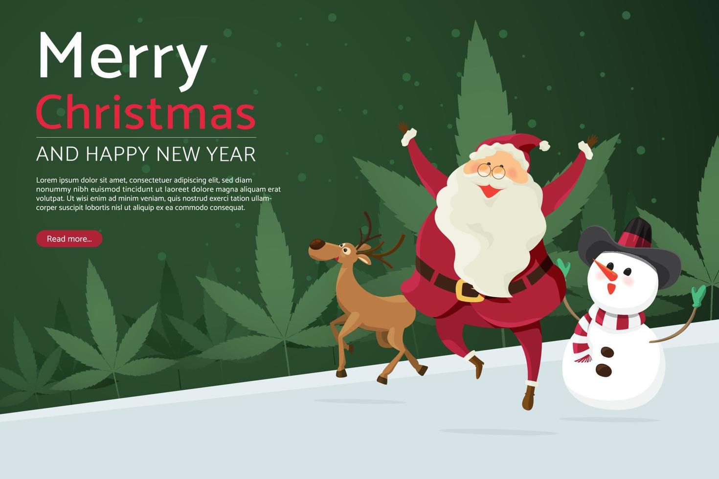 Kerstman rendieren en sneeuwpop achtergrond marihuana blad boom. vector