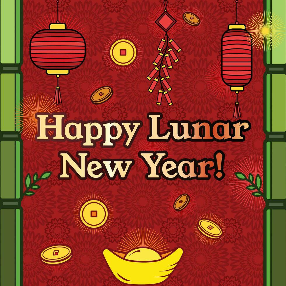 gelukkig maan- Chinese nieuw jaar vector ontwerp banier illustratie geïsoleerd Aan plein rood achtergrond met bamboe, sycee, lantaarns, goud munten, en voetzoekers vector illustratie voorwerpen.