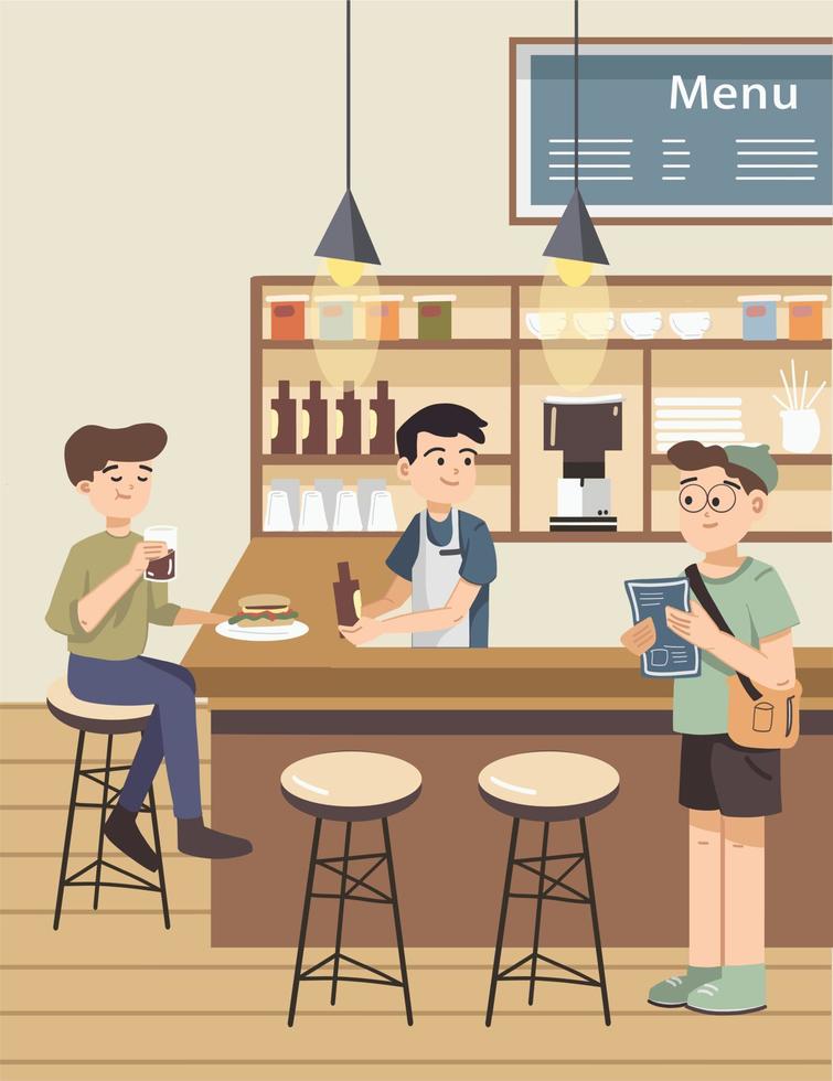 jongens aan de toog van café drinken en eten. ober die graag drankjes aan de bar serveert. café-bar met mensen plat gekleurde vectorillustratie vector