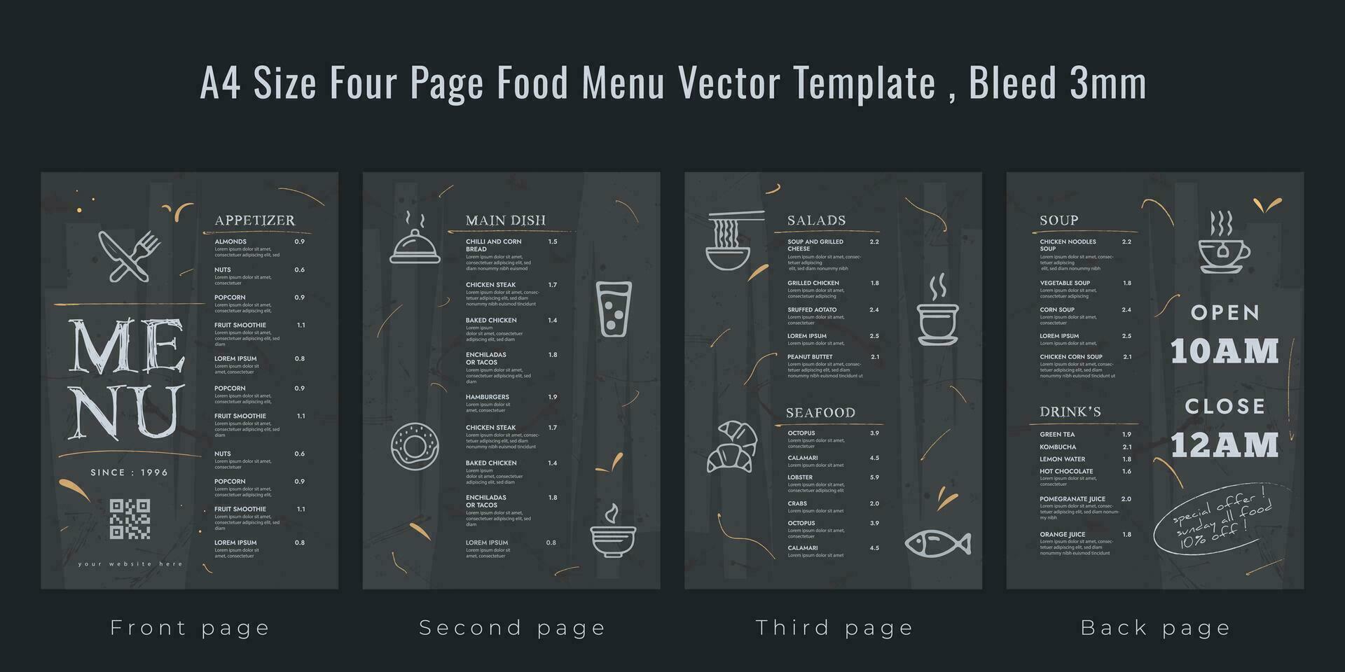 restaurant cafe menu, sjabloon ontwerp, a4 grootte vier bladzijde voedsel menu sjabloon, bloeden 3mm vector