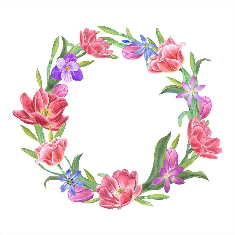 waterverf krans van tulpen, narcissen, krokussen, scilla's. botanisch illustratie, ruimte voor tekst vector