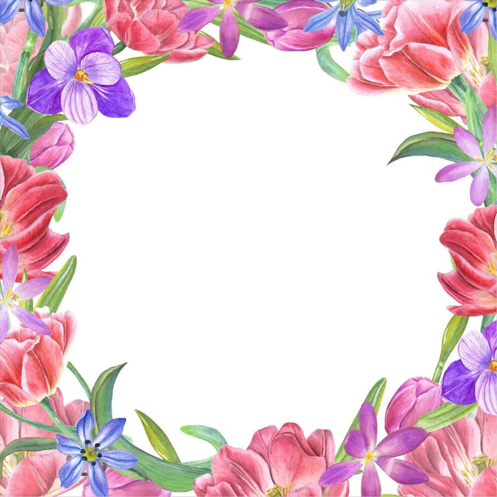voorjaar waterverf krans van tulpen, narcissen, krokussen, scilla's. illustratie, ruimte voor tekst vector