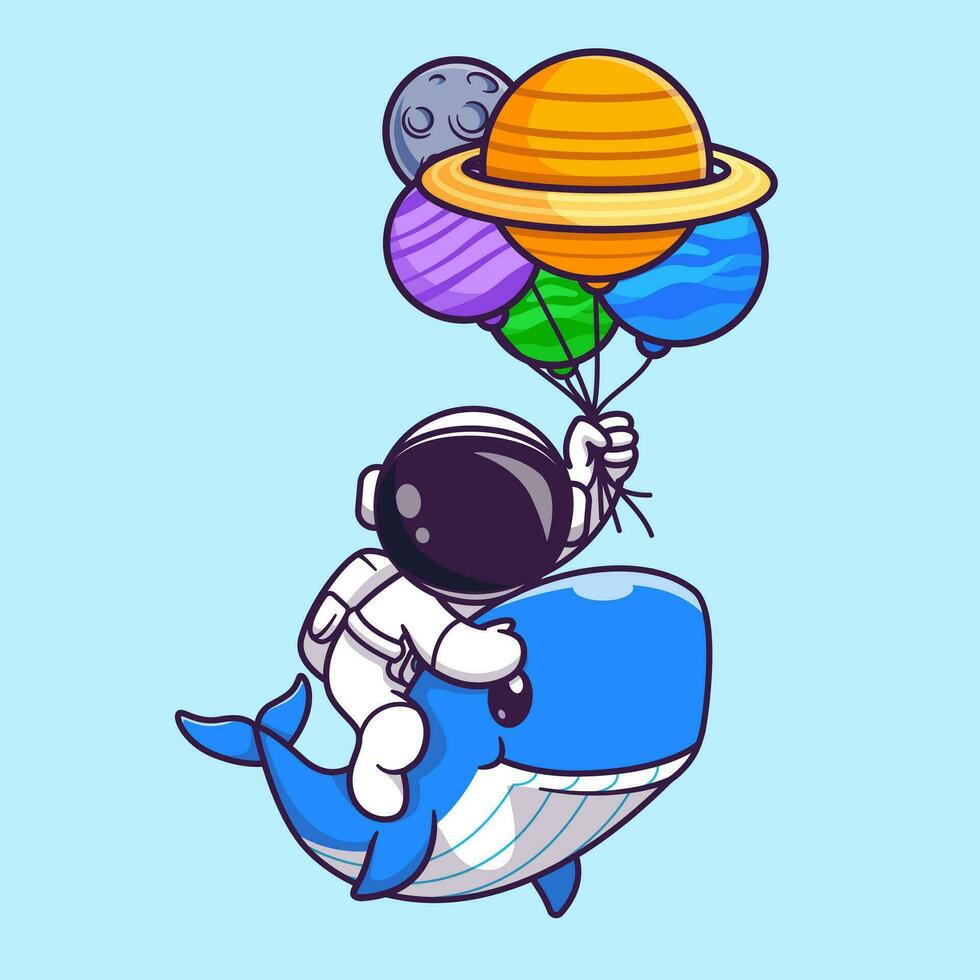 schattig astronaut rijden schattig walvis en Holding ballon tekenfilm vector icoon illustratie wetenschap dier icoon concept geïsoleerd premie vector. vlak tekenfilm stijl