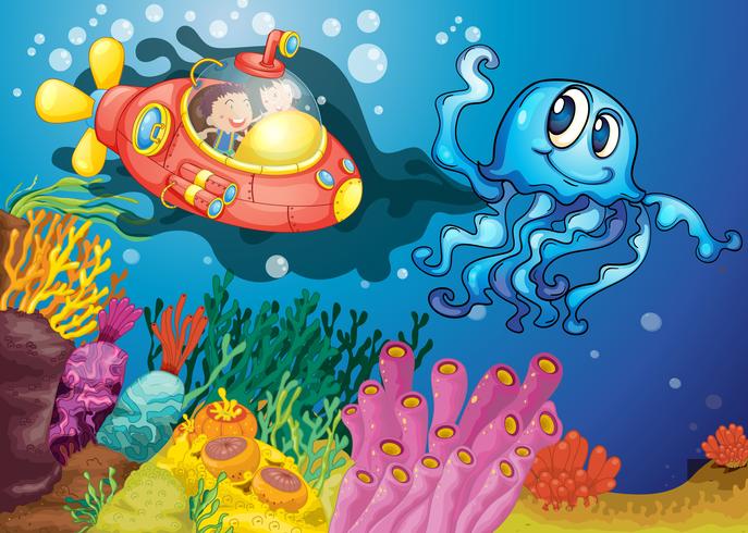 octopus en kinderen in onderzeeër vector