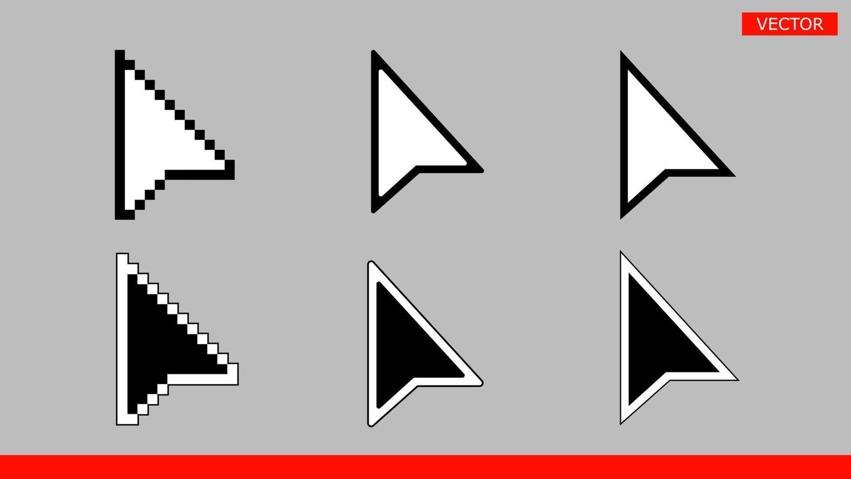 6 zwarte en witte pijl pixel en geen pixel muis cursors pictogrammen tekenen vector illustratie set vlakke stijl ontwerp geïsoleerd op een grijze achtergrond.