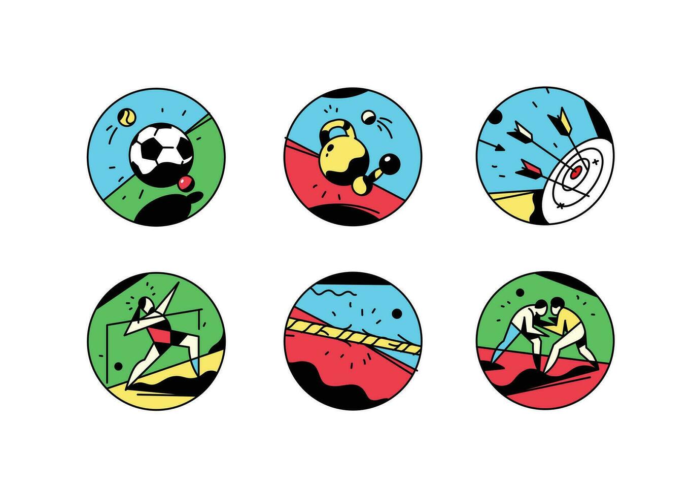 een reeks van pictogrammen Aan een thema van sport. vector illustratie. wijnoogst stijl, retro. sport spellen. plein pictogrammen voor de plaats, spandoek. merk stickers, Avatrack. schieten, worstelen, springen, gymnastiek.