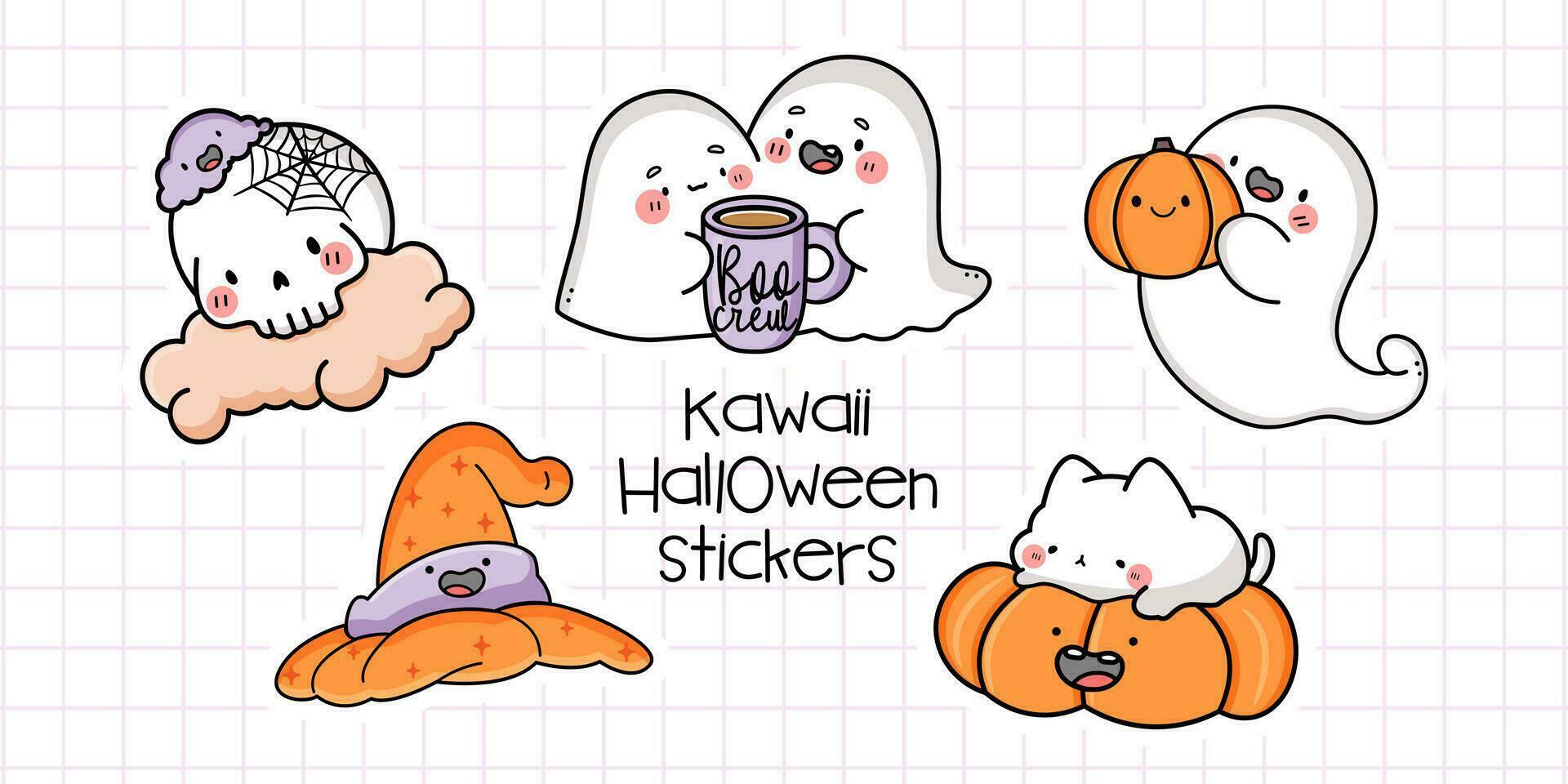 schattig kawaii halloween stickers pak. vector