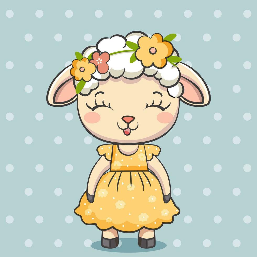 schattig tekenfilm baby schapen meisje met bloem lauwerkrans. vector