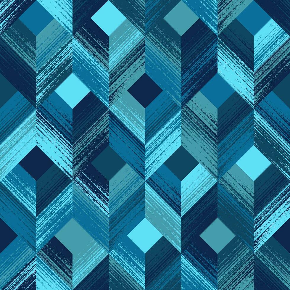 abstract meetkundig naadloos patroon van getextureerde pleinen en punthaken chaotisch gekleurde in blauw cyaan. modieus ontwerp voor achtergronden, omhulsels, producten vector