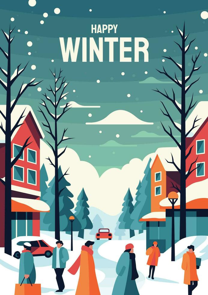 gelukkig winter vakantie stad- banier mensen in warm kleren wandelen Aan de straat vector illustratie