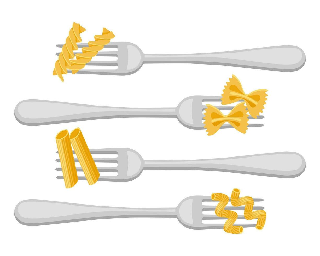 reeks van vorken met spaghetti en pasta Aan een wit achtergrond. voedsel logo's, restaurant menu pictogrammen. vector