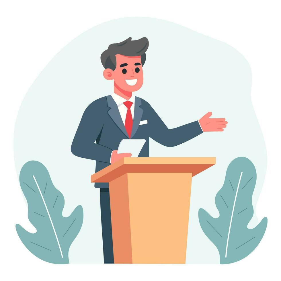 zelfverzekerd spreker gedurende stadium toespraak. mooi zo presentatie van zakenman, politiek debatten. vlak vector illustratie in modieus stijl.