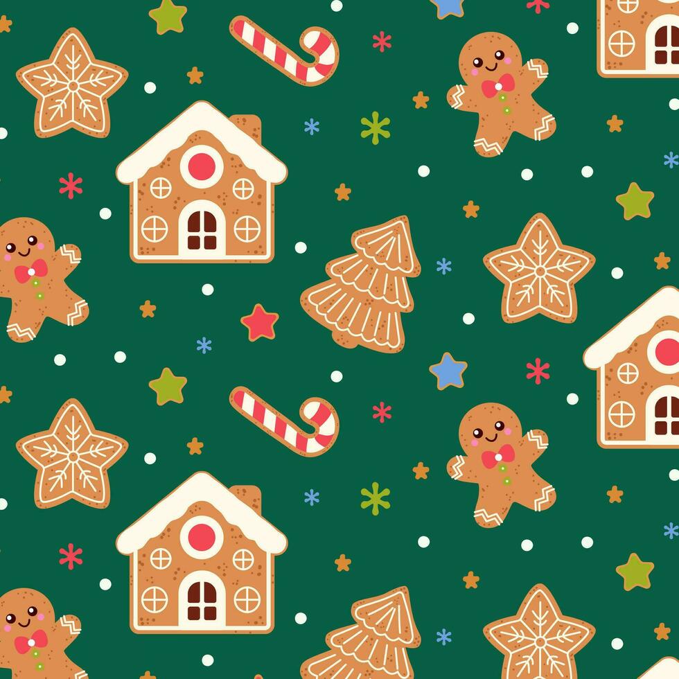 naadloos patroon met schattig Kerstmis peperkoek koekjes. peperkoek Mens, Kerstmis boom, peperkoek huis en peperkoek koekjes Aan een groen achtergrond. vector illustratie
